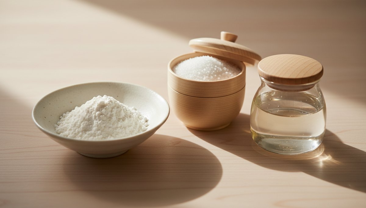 羽二重餅の材料となるもち粉と砂糖と水飴