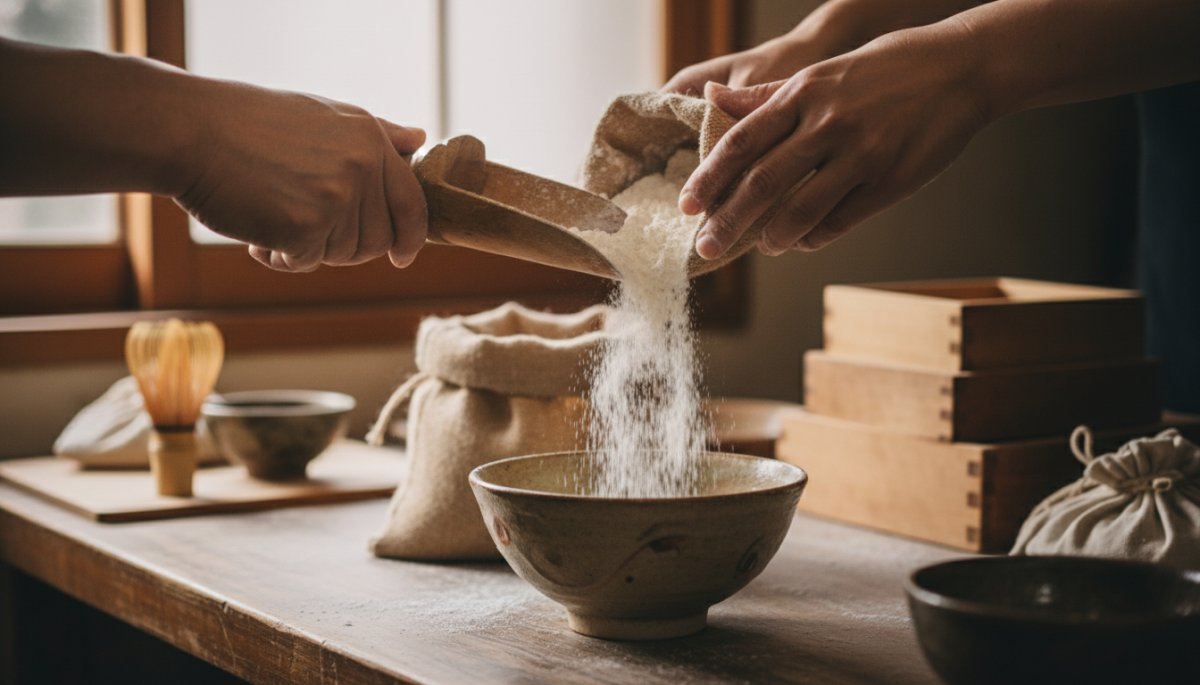 羽二重餅の配合を測る職人の手元