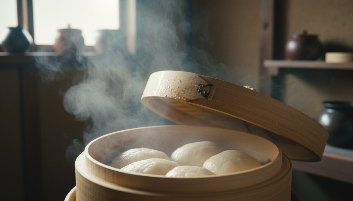 蒸し器で蒸されている羽二重餅の生地