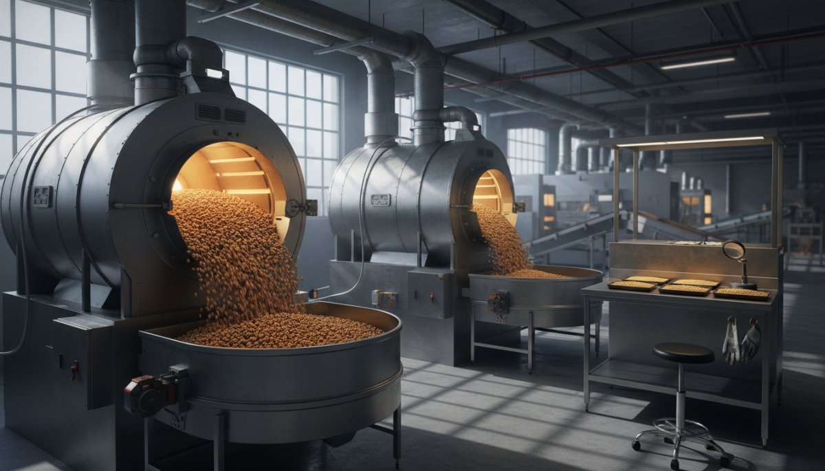 国産大豆の焙煎工程と品質検査の様子