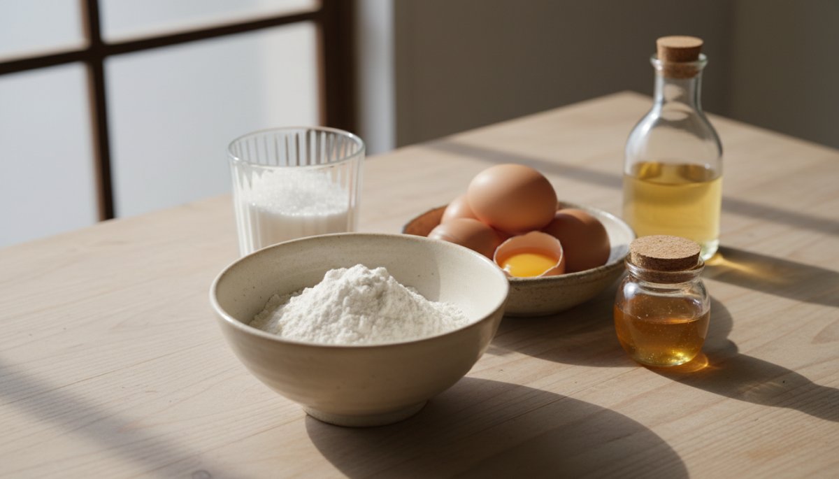 どら焼きの原料となる小麦粉と卵と砂糖の配合材料