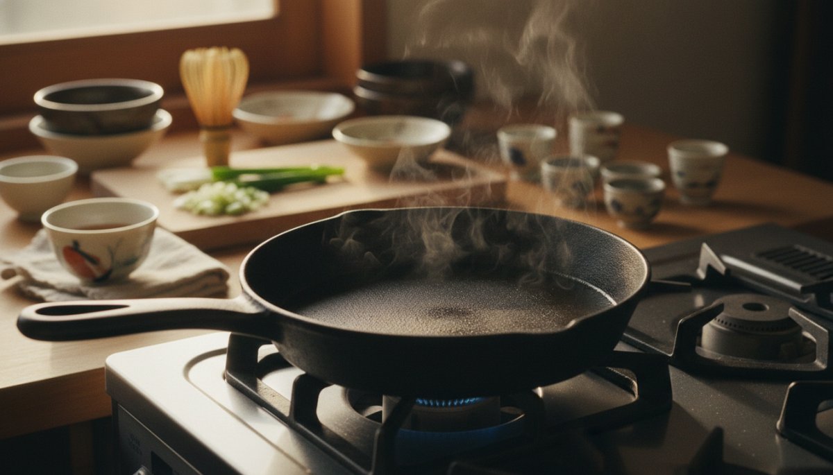 どら焼きをフライパンで焼く温度管理のイメージ