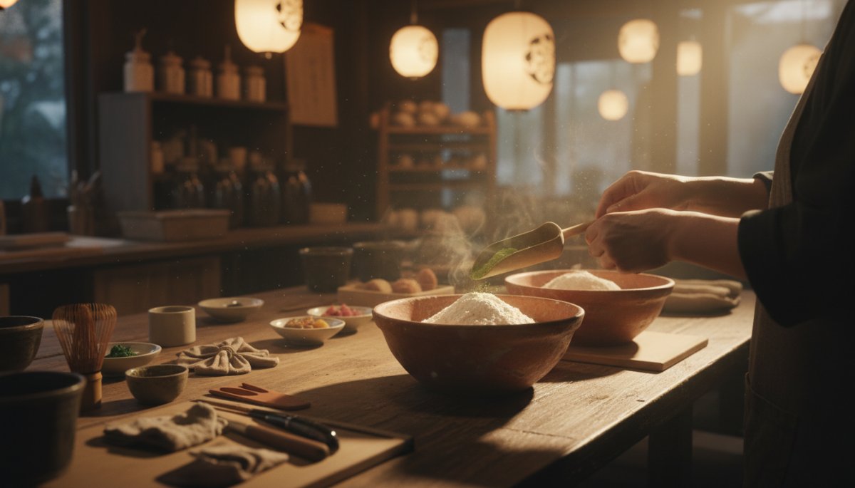 和菓子職人による配合調整と試作の様子