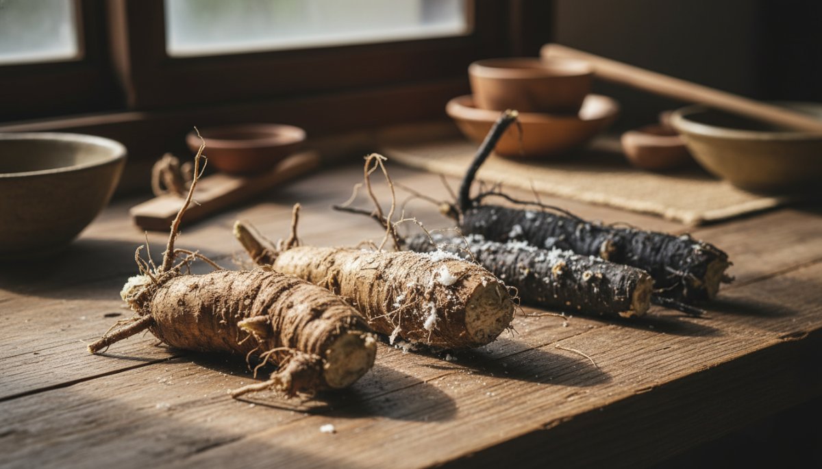 葛の根と蕨の根から澱粉を採取する様子