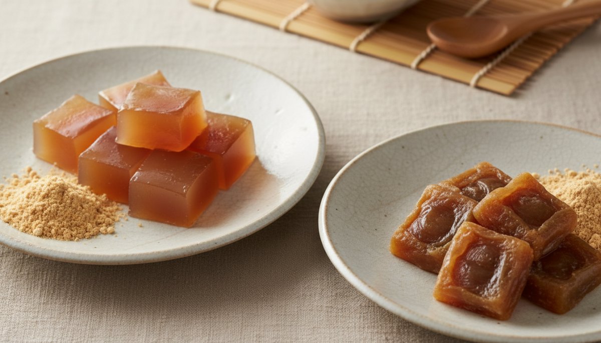 本葛で作った葛餅と本蕨粉で作ったわらび餅の食感比較