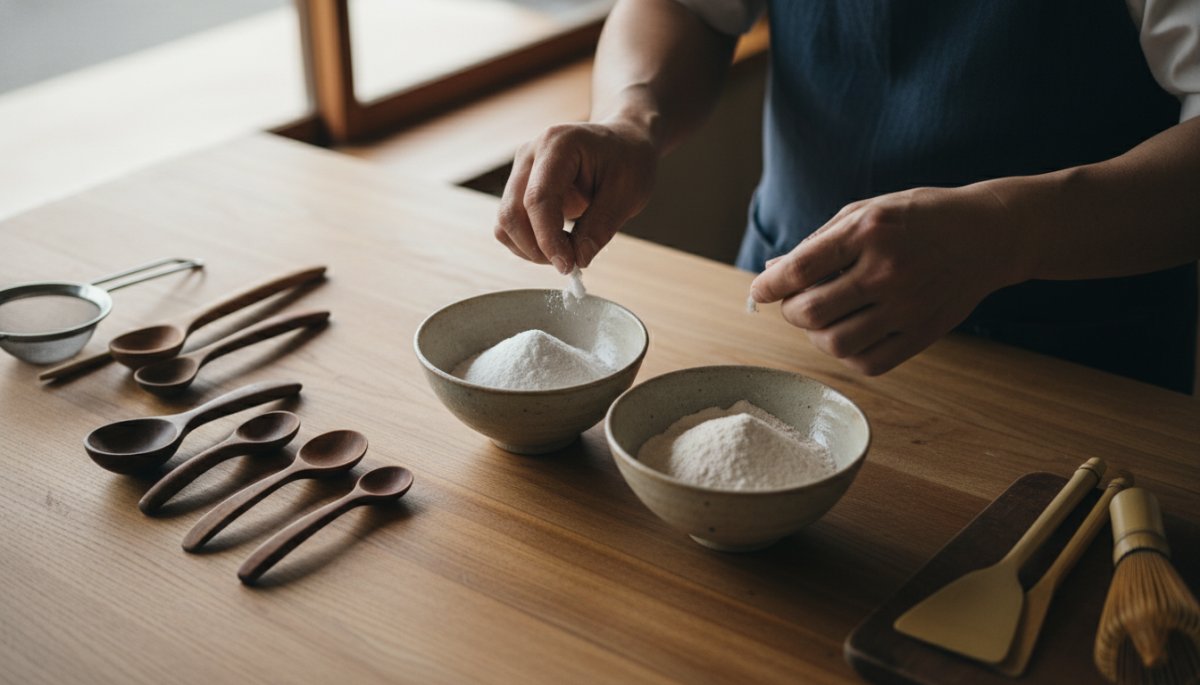和菓子職人が本葛と本蕨粉を吟味している様子