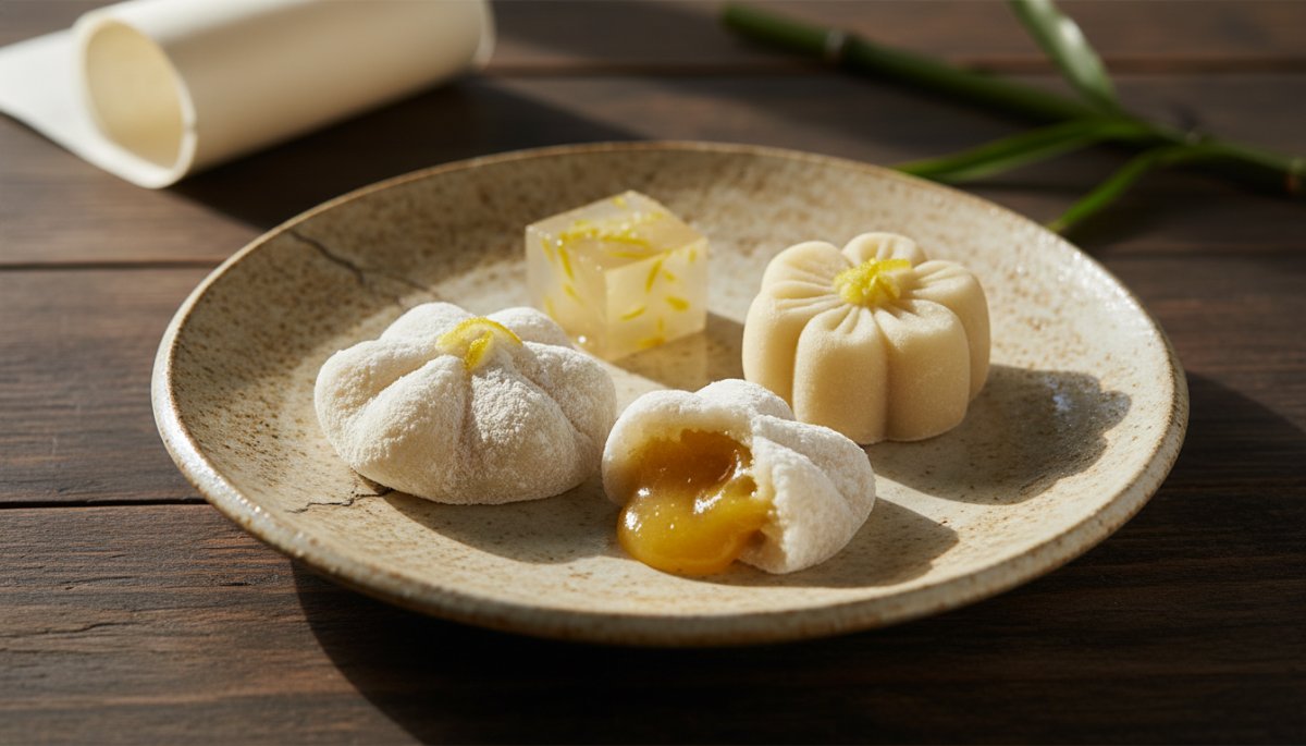 柚子ペーストを使った和菓子の盛り付け
