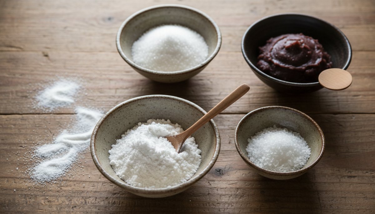 水まんじゅう作りに必要な葛粉や寒天などの原材料