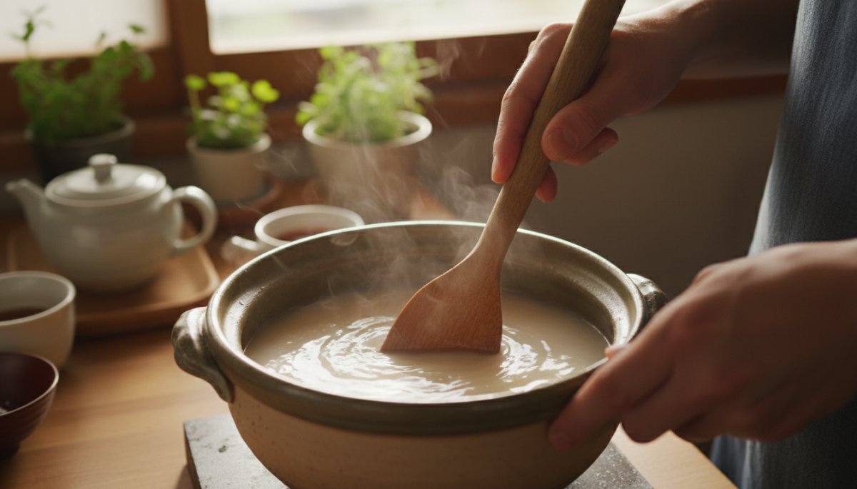 水まんじゅうの生地を鍋で混ぜる調理風景