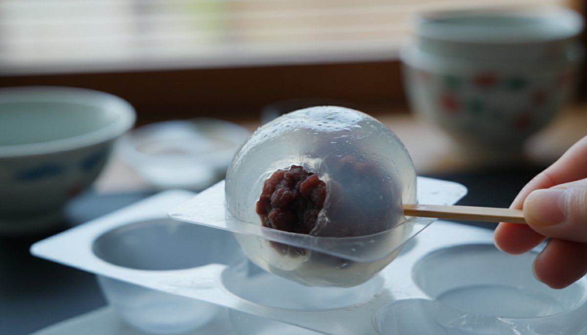 透明な水まんじゅうを型から取り出す様子