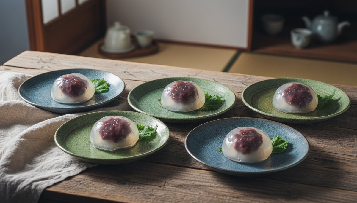 完成した涼やかな水まんじゅうが器に盛られている様子
