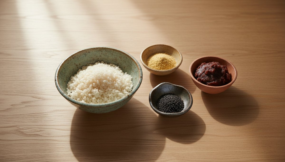 もち米と和菓子材料の配置