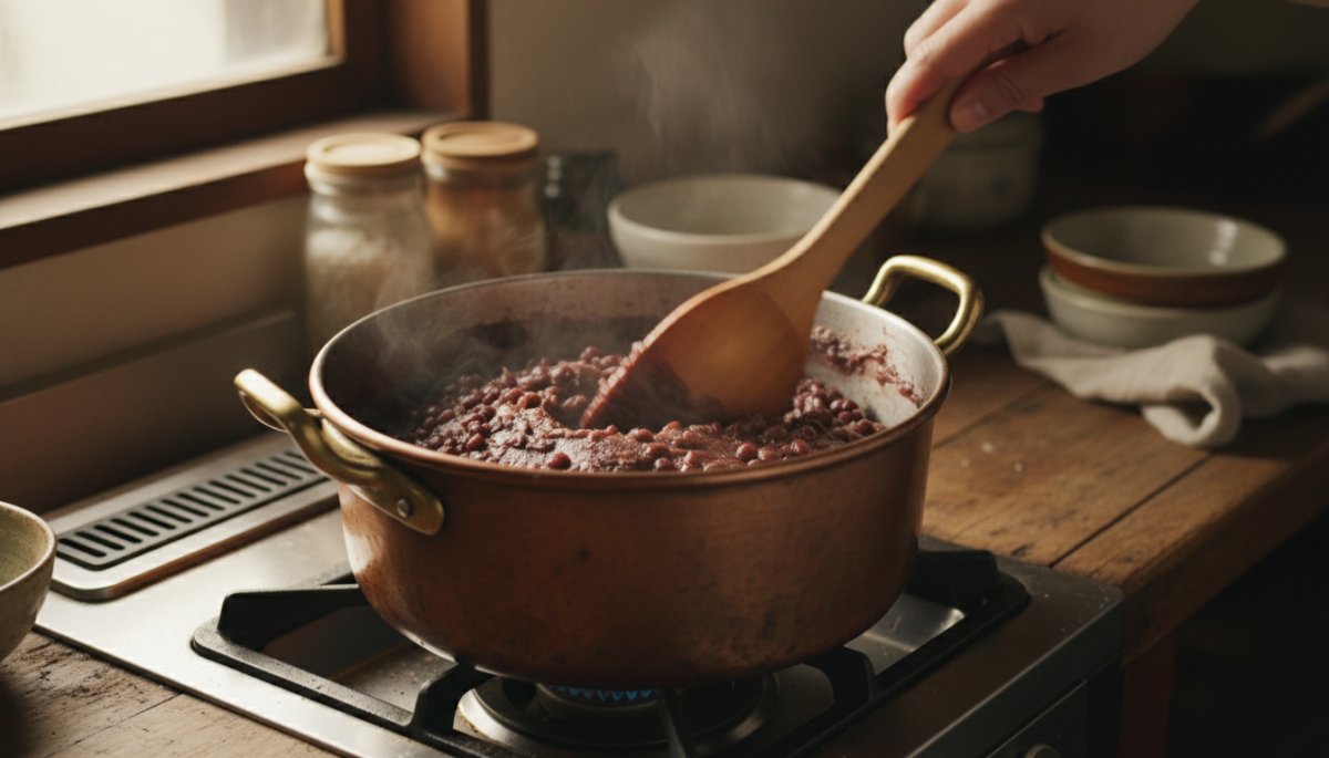 手作り粒あんの調理過程