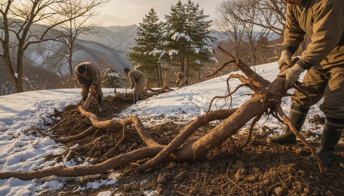 葛根掘り 冬の山 葛粉原料