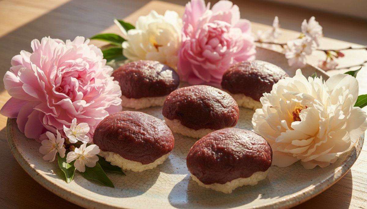 春のお彼岸に供えられたぼたもちと牡丹の花
