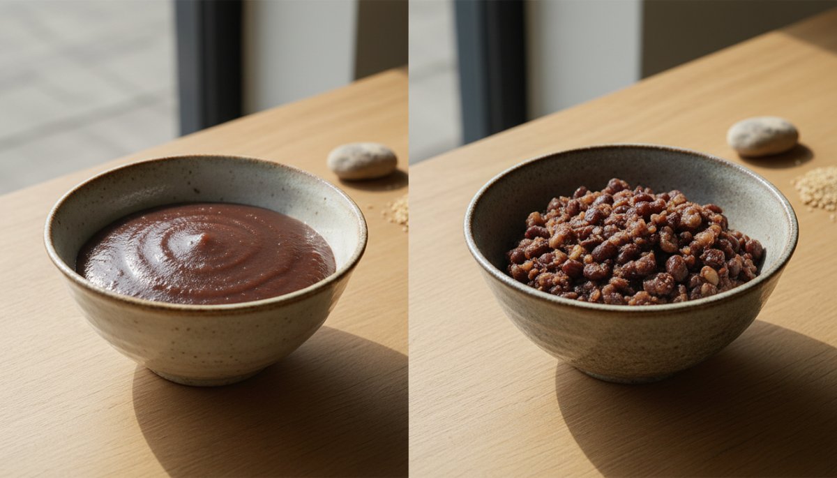 こしあんと粒あんの質感の違いを示す小豆餡