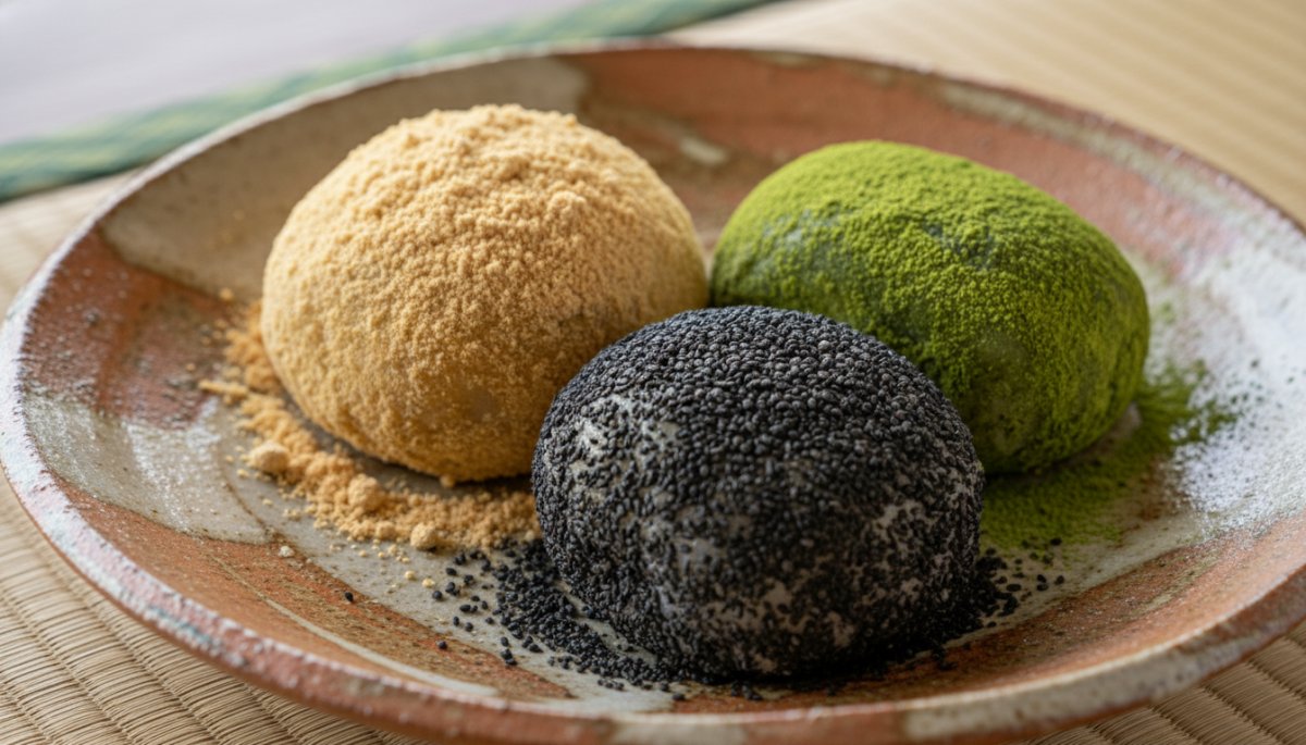 きな粉とごまをまぶしたぼたもちのバリエーション