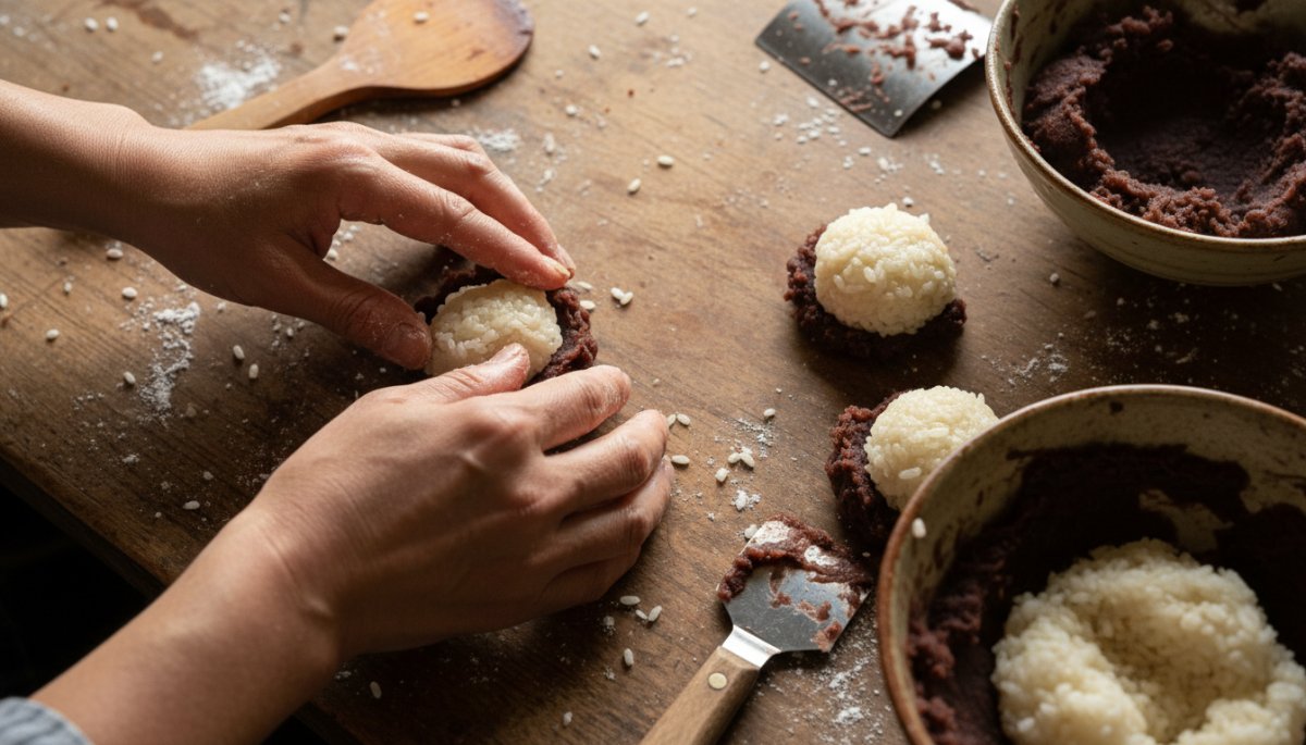 ぼたもちの成形過程を示す和菓子職人の手元