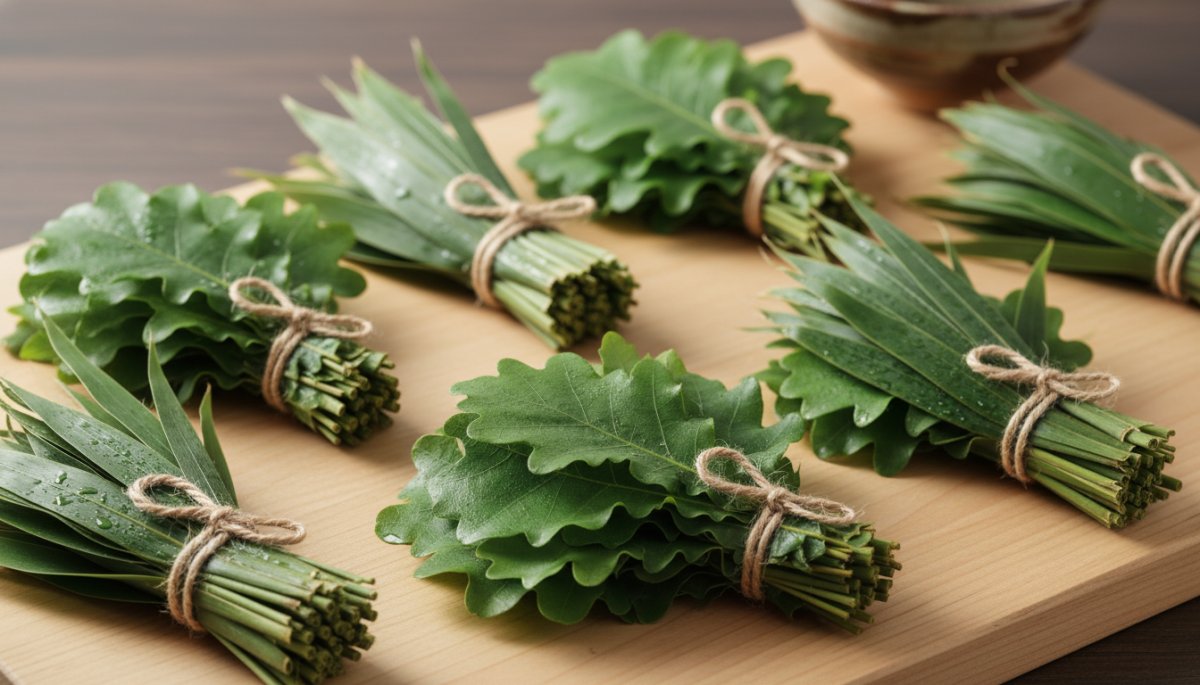 和菓子原料の柏葉と笹の束単位規格