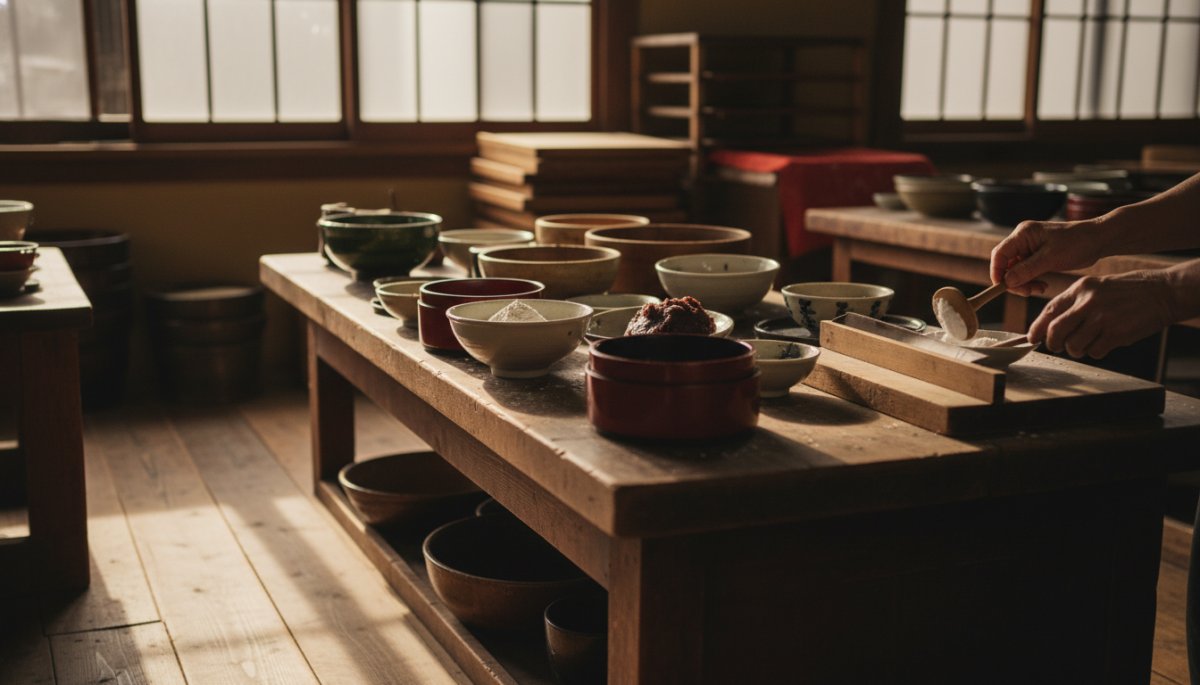 和菓子職人が粉を配合している様子