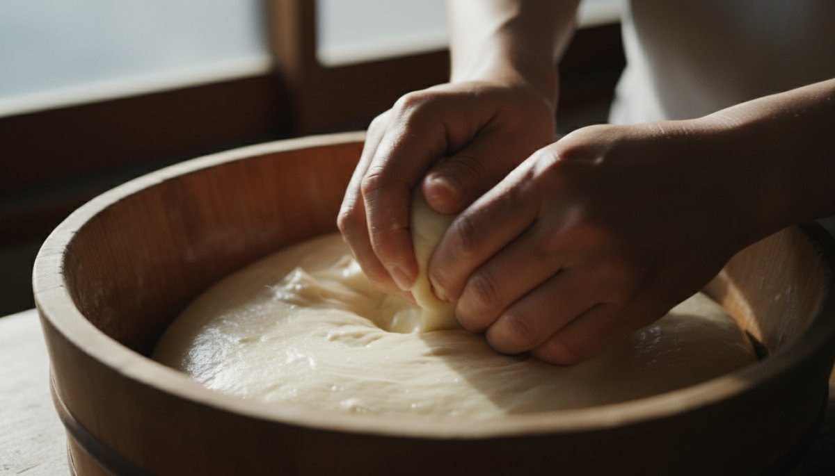 和菓子の生地を練る職人の手元