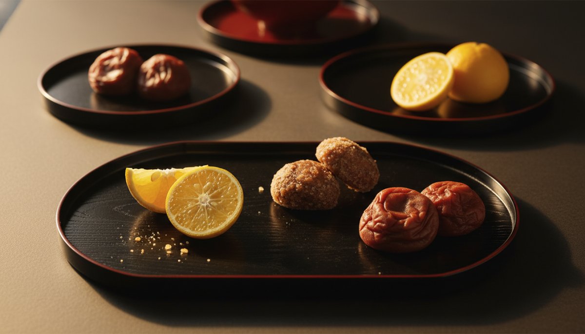 正月和菓子の縁起物素材 柚子と栗と梅