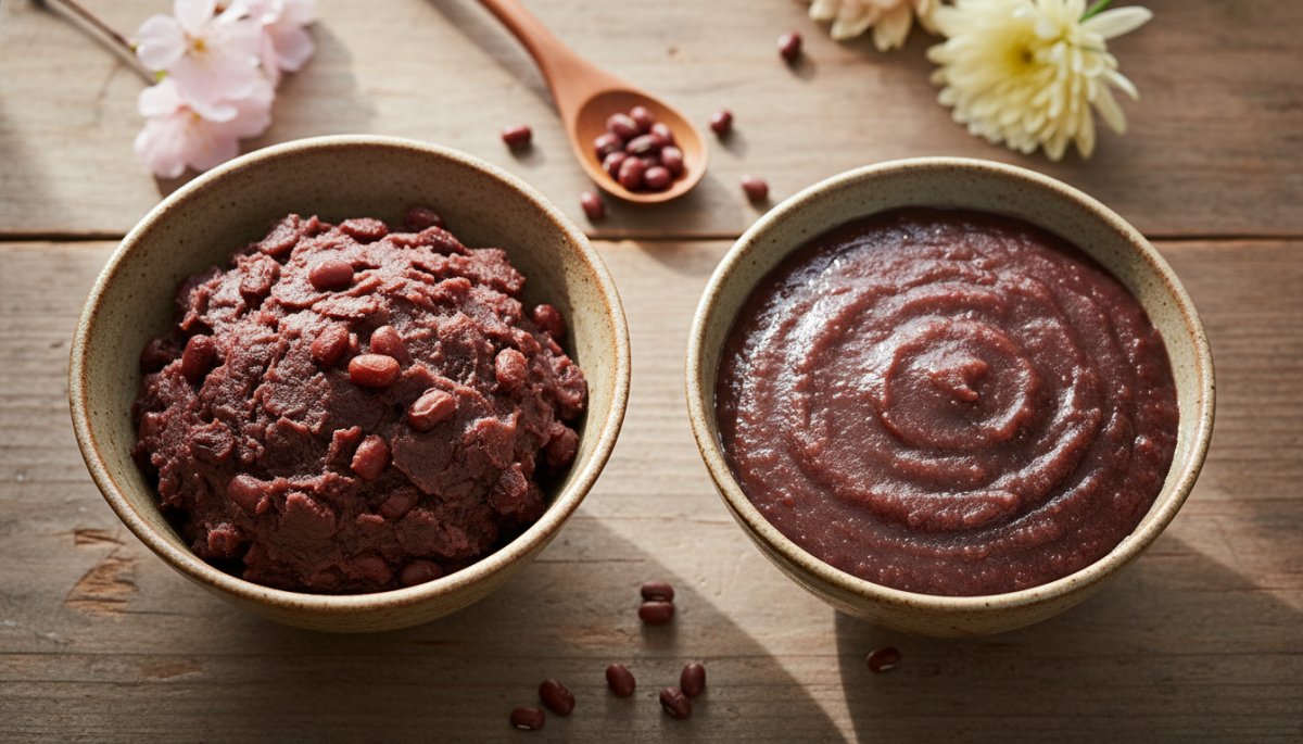 粒あんとこしあんの違いを示す和菓子原料