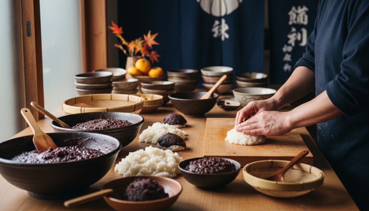おはぎとぼたもちの配合を示す和菓子製造工程