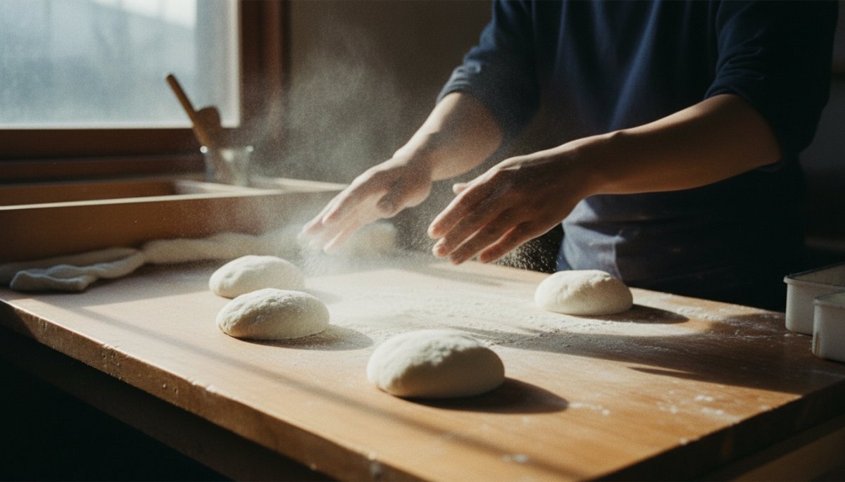 和菓子職人が打ち粉を使用する作業風景