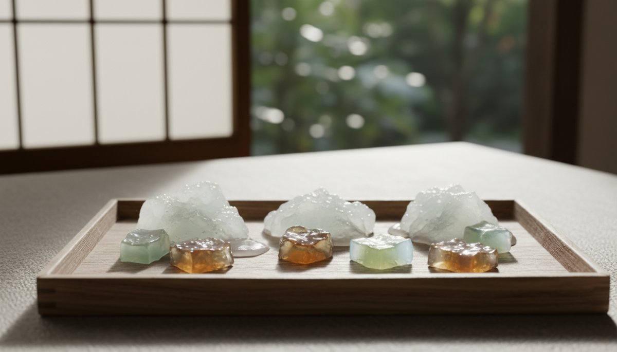 透明感のある夏の和菓子材料と涼しげな水菓子のイメージ