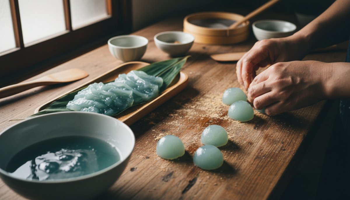 本蕨粉と本葛を使った透明な夏の和菓子作りの様子