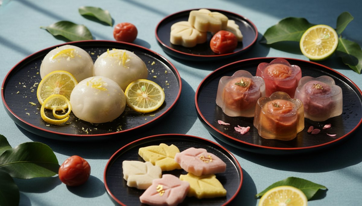 柚子と梅を使った夏の和菓子の彩り豊かな盛り付け