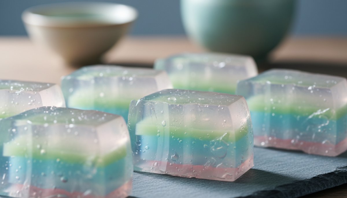 透明感のある涼しげな夏の和菓子の断面と美しい色彩