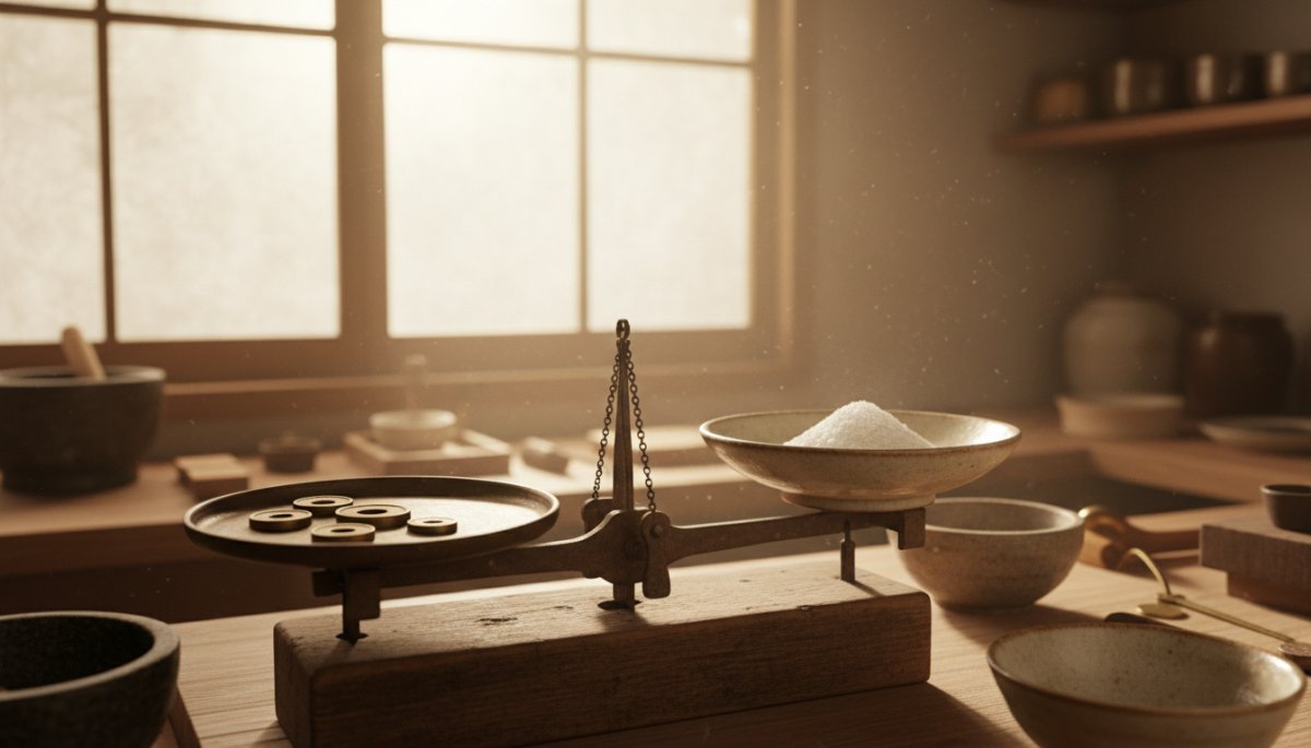 わらび餅の材料配合比率を示す計量の様子