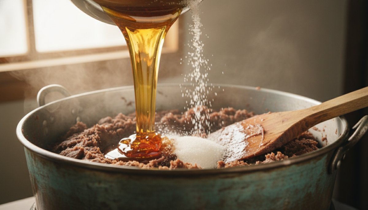 砂糖と水あめを使った和菓子製餡工程