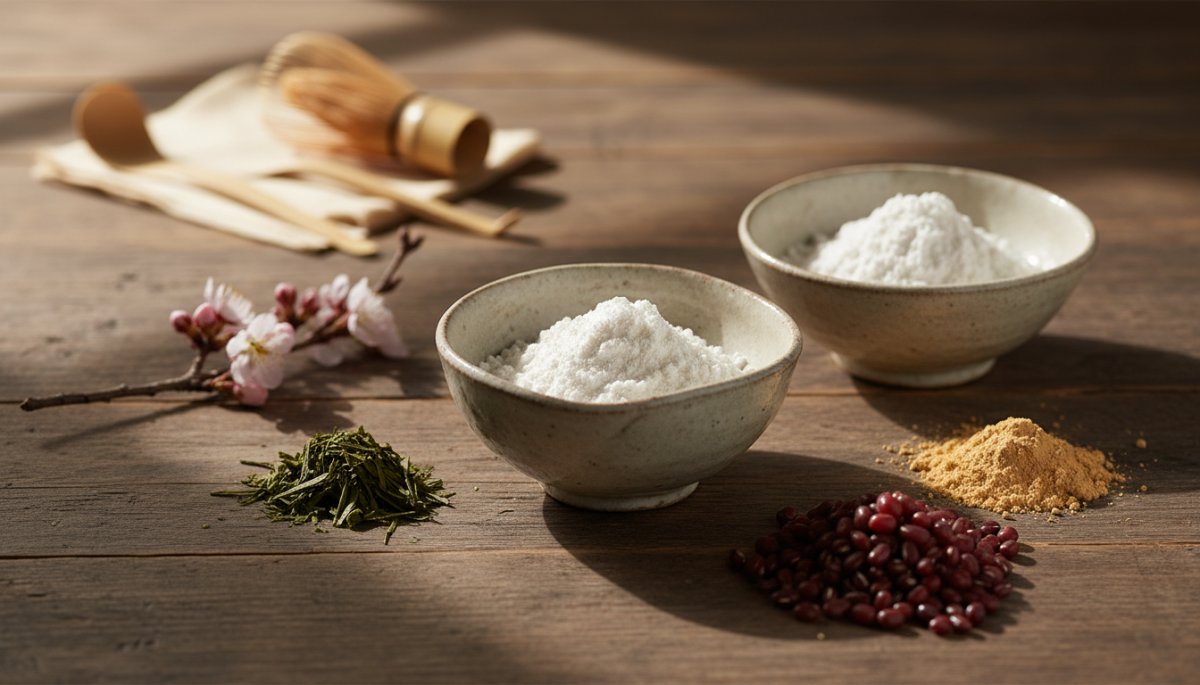 白玉粉ともち粉の違いを示す和菓子材料