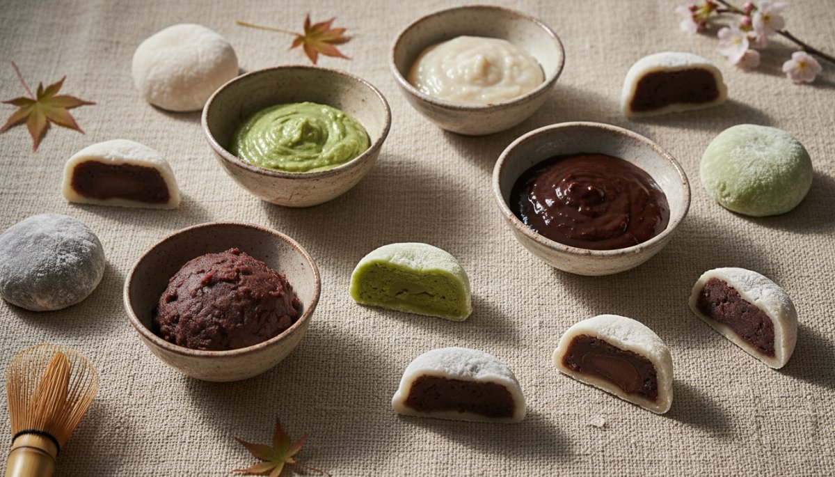 様々な種類の餡と大福の断面