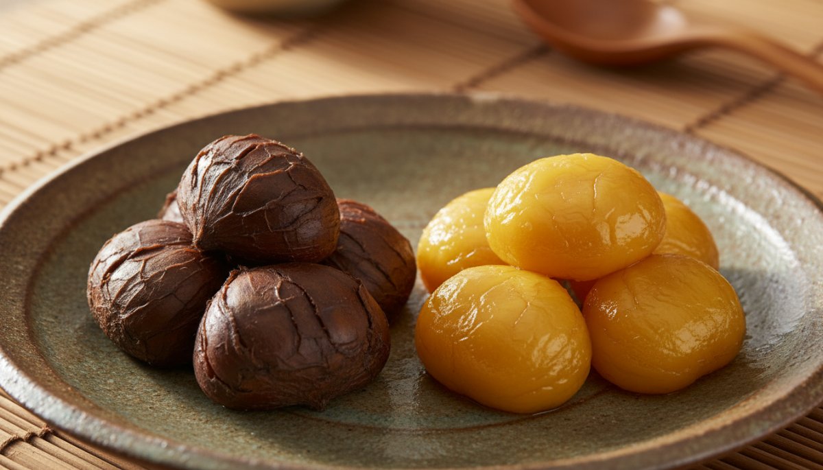 渋皮付き栗甘露煮と渋皮なし甘露煮の比較イメージ