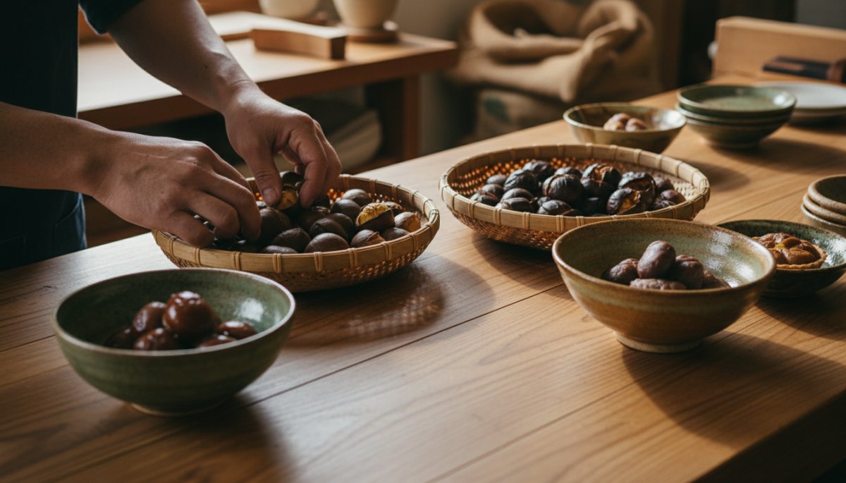 和菓子職人が栗甘露煮を使い分ける様子