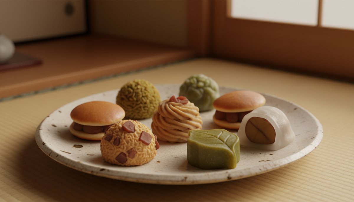 様々な種類のマロン甘露煮を使った和菓子の完成イメージ