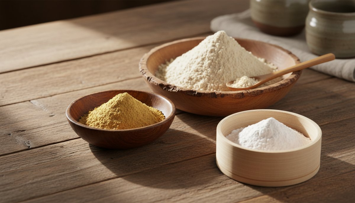 京都の伝統的な和菓子原材料 薯蕷粉 きな粉 米粉