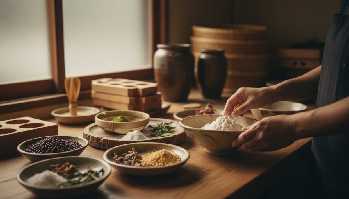 和菓子職人が原料を選定している様子