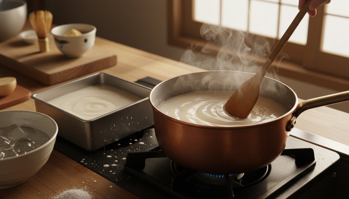 葛餅の加熱と冷却の工程